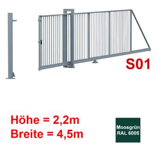 Freitragendes Stahl-Schiebetor S095, Moosgrün  ohne Antrieb 2 2m Höhe, 4 5m Breite zwischen den Pfosten,  Torfüllung 25x25mm