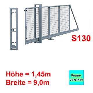 Freitragendes Stahl-Schiebetor S130, ohne Antrieb 1,45m 9,0m Feuerverzinkt Stabgitter
